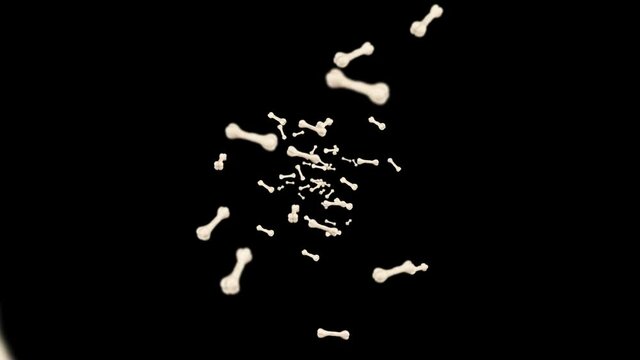 Flying many bones on black background. Dog bone icon. Pet food. 3D animation of bones rotating. Loop animation.