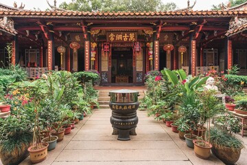 Fototapeta na wymiar Garden in a traditional ancient architecture building in southern China, 