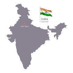 Silhouette of India country map. Gray editable map of India with waving national flag and New Delhi city capital, South Asia country territory borders vector illustration on white background