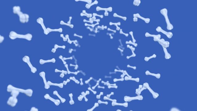 Flying many bones on blue background. Dog bone icon. Pet food. 3D animation of bones rotating. Loop animation.