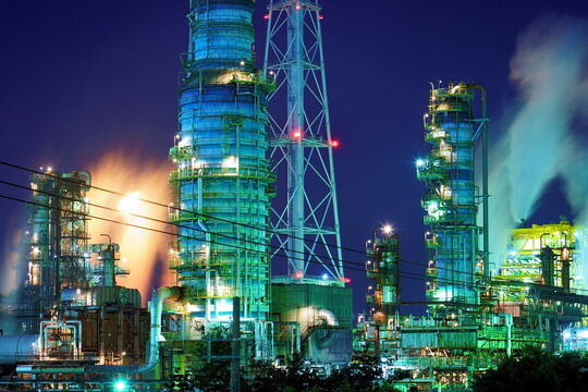 堺市工業地帯の夜景 水彩画