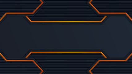 Abstract 3D black technology background overlap layers on dark space with orange light effect decoration. Modern graphic design template elements for poster, flyer, brochure, or banner