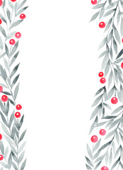 Silver leaf and red berry watercolor hand painting background for decoration on Christmas holiday events and winter season.