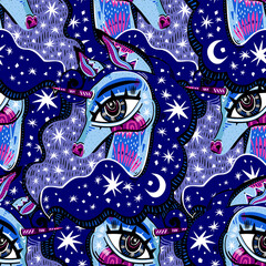 Folk Magic Mellow Unicorn head with big eyes and stars in its mane seamless pattern in rustic Hygge flash style.
