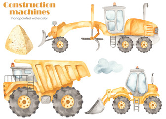 Fototapeta Watercolor clipart with construction machines dump truck, motor grader, wheel loader, pile of earth, cloud obraz