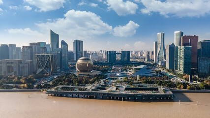 Aerial photography of the skyline of modern urban architectural landscape in Hangzhou, China..