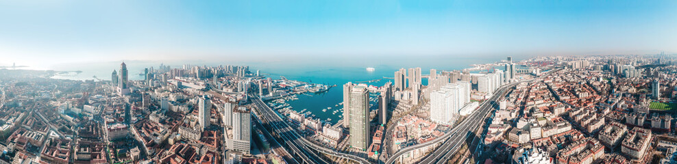Aerial photography of the skyline of modern urban architectural landscape in Qingdao, China