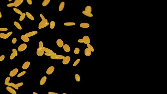 Flying many Koban coins on black background. Japanese oval golden coin. Money in Edo period. 3D animation of coin rotating. Loop animation.