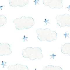 Seamless pattern with watercolor clouds and stars. Perfect for fabric and Wallpaper.