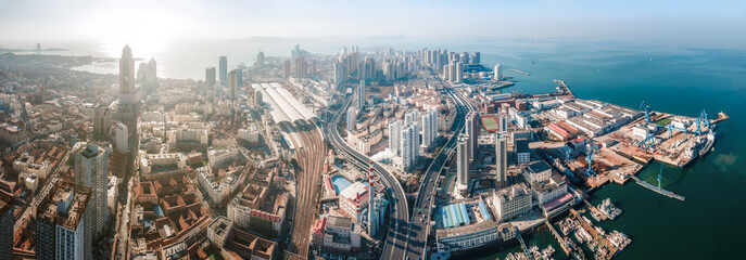 Aerial photography of the skyline of modern urban architectural landscape in Qingdao, China