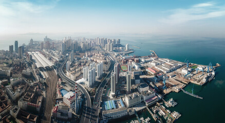Aerial photography of the skyline of modern urban architectural landscape in Qingdao, China