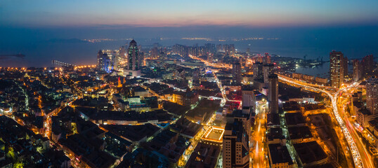 Obraz premium Aerial photography of night view of Qingdao, China..