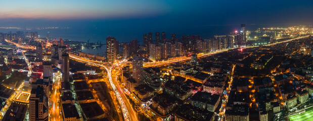 Fototapeta na wymiar Aerial photography of night view of Qingdao, China..