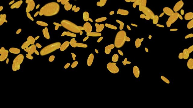 Flying many Koban coins on black background. Japanese oval golden coin. Money in Edo period. 3D animation of coin rotating. Loop animation.