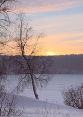 Dawn over a frozen winter lake in the forest