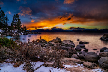 Beautiful sunset landscape image of Sand Harbor Lake Tahoe Nevada.