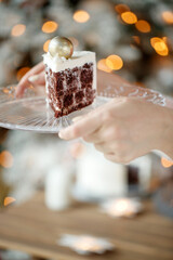 Plate with slice of tasty homemade chocolate cake. High quality photo.