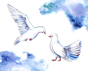 Watercolor image of couple of white doves striving for each other on white background with blue paint clouds in upper right and lower left corners. Hand drawn template of wedding invitation