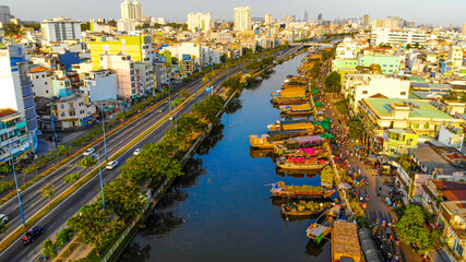 Aerial view of Ben Binh Dong (Binh Dong harbour) in lunar new year ( Tet Festical in Vietnam) with...