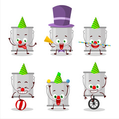 Cartoon character of grey paint bucket with various circus shows