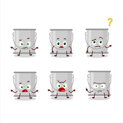 Cartoon character of grey paint bucket with what expression