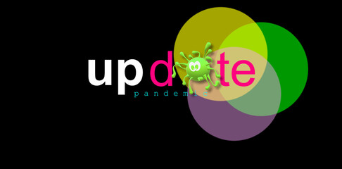 News, report and information. Actuality, update. Modern design colorful banner. 3D Illustration with the simulated virus graphic in green drawing. Pandemic Covid-19. Outbreak.