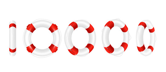 Rescue life buoy in turn, set of realistic vector illustrations isolated. - obrazy, fototapety, plakaty