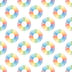 Seamless pattern with circle rainbow from colored wooden ice cream sticks on white.