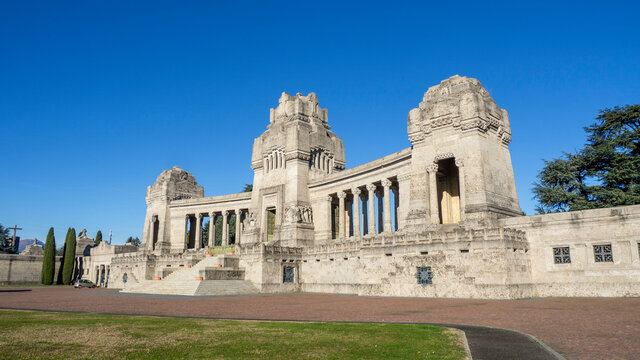 Bergamo, Italy. The monumental cemetery. It is the main cemetery of the city of Bergamo. View of the main entrance. Historical building