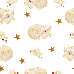 Seamless pattern with watercolor bird, cat, stars. Perfect for fabric and Wallpaper.