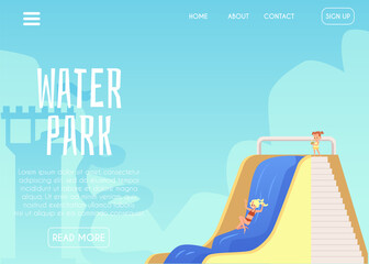 Website banner template for amusement water park, flat vector illustration.