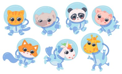 Set of animals astronauts in space suits, flat vector illustration isolated.