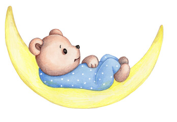 Cute teddy bear  in blue pajama sleeping on moon. Watercolor hand drawn illustration, art, sketch. Isolated.
