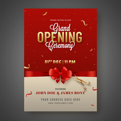 Grand Opening Ceremony Invitation Card Closed With Red Bow Ribbon And Golden Scissors.