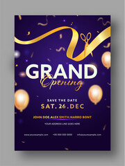 Grand Opening Party Invitation Template Layout With Golden Ribbon And Scissors Illustration.