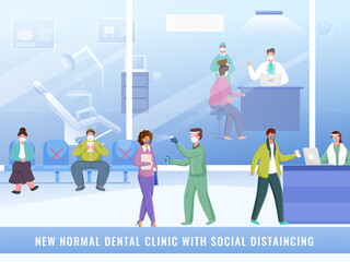 New Normal Dental Clinic Or Hospital Interior View With People Maintaining Social Distance To Prevent From Coronavirus.