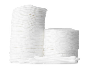 Cotton pads and cotton buds isolated on white background
