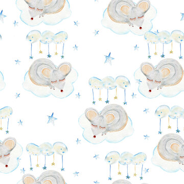 Seamless pattern with watercolor mice, clouds and stars. Perfect for fabric and wallpaper.