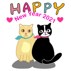 2021 new year card with very cute cats one cream color cat and one black and white cat .both wearing cloth collars with happy new year 2021 word for new year celebration hand drawn cartoon vector.