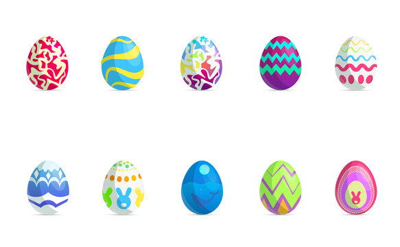 Happy Easter.Set of Easter eggs with different texture on a white background.Spring holiday. Vector Illustration