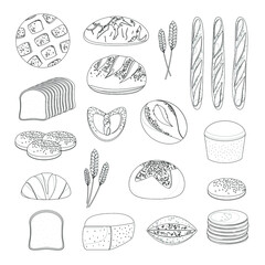 Set of different bread on a white background. Black and white vector illustration