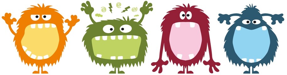 Little monster, funny, cute, cheeky  & creepy, with big open mouth as copy space for your slogan, vector, illustration, 