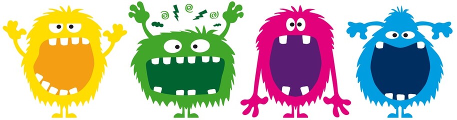 funny monsters with copy space in their open big mouths, vector, illustration, cartoon - obrazy, fototapety, plakaty