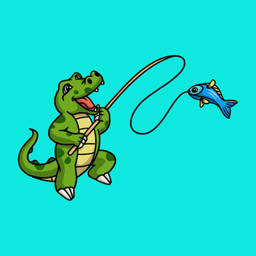 cartoon animal design crocodile fishing cute mascot logo