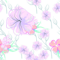 Fototapeta na wymiar Pink Flowers Blooming Pattern. Pastel Watercolor Floral Print. Little Pink, Yellow, Lilac flower on grey leaf. Elegant brush Background. Seamless Botanical Vector Surface. Texture For Fashion Prints.