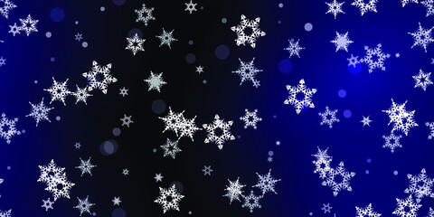 Falling Snowflakes seamless pattern. Illustration with flying snow, frost, snowfall. Winter seamless print for christmas celebration on blue night background. Holiday Vector illustration for New Year 