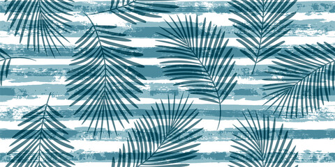 Fototapeta na wymiar Tropical pattern, palm leaves seamless vector floral background. Exotic plant on blue stripes print illustration. Summer nature jungle print. Leaves of palm tree on paint lines. ink brush strokes