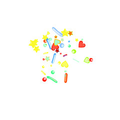 Sprinkles grainy. Cupcake donuts, dessert, sugar, bakery background. Sweet confetti on white chocolate glaze background. Vector Illustration sprinkles holiday designs, party, birthday, invitation.