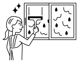 結露で濡れた窓をワイパー・スクイジーで掃除するエプロンの女性　モノクロ　白背景