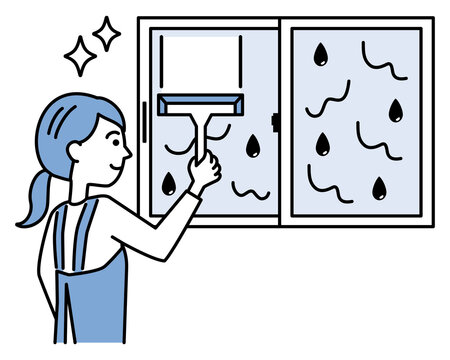 結露で濡れた窓をワイパー・スクイジーで掃除するエプロンの女性　2色デザイン